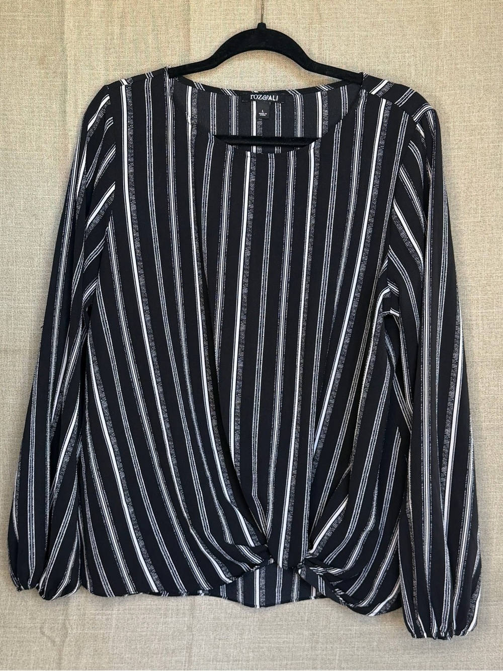 Roz & Ali Black White Striped Twist Front Blouse